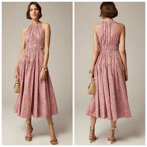 J. Crew Tie-Waist Halter Dress Liberty Ellie Fabric Ellie Ruth Pink Midi Dress